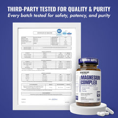 Benevolent Nourishment Magnesium Complex tablets beside nighttime lamp for leg cramps relief.