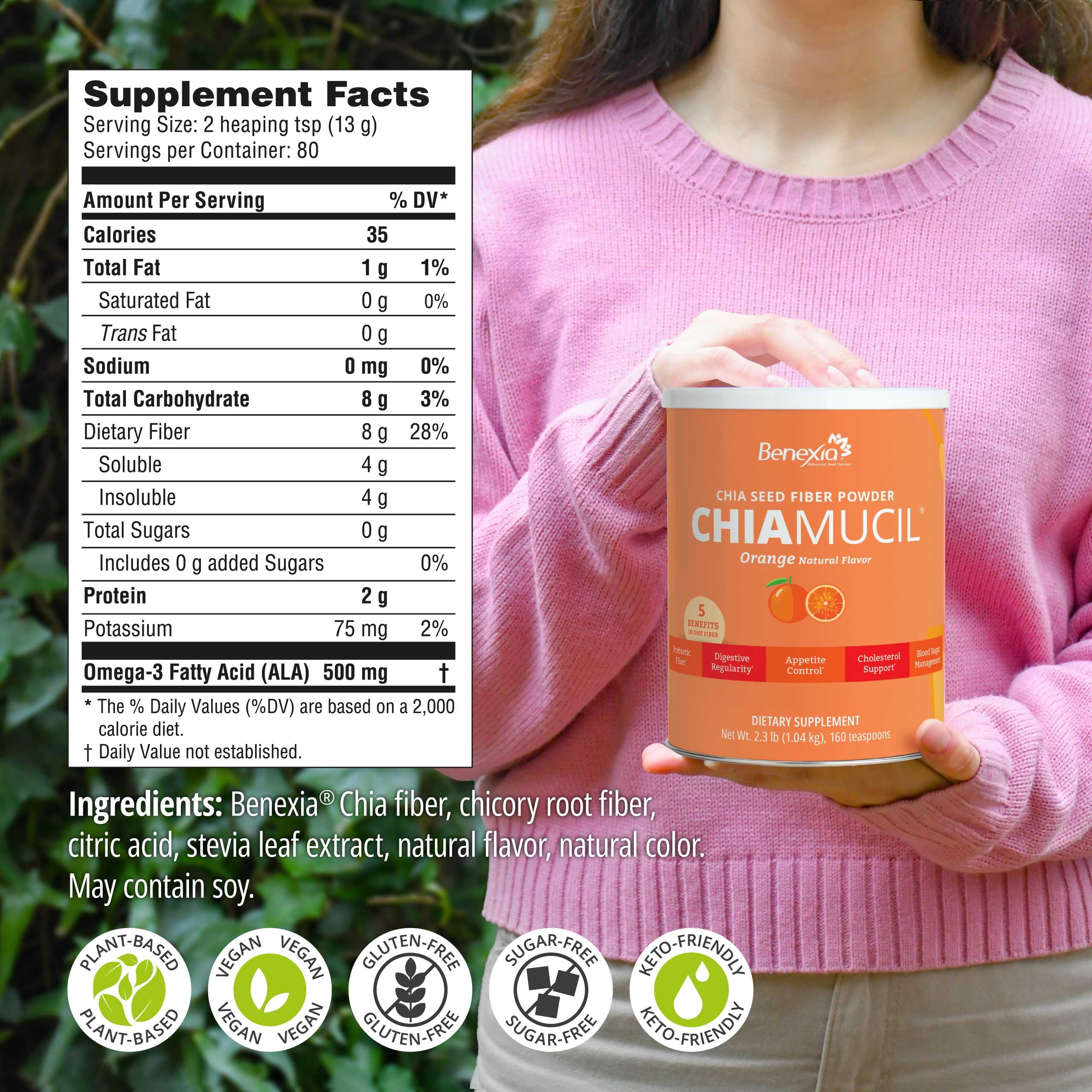 BENEXIA Chiamucil label highlights gluten-free and vegan certification.