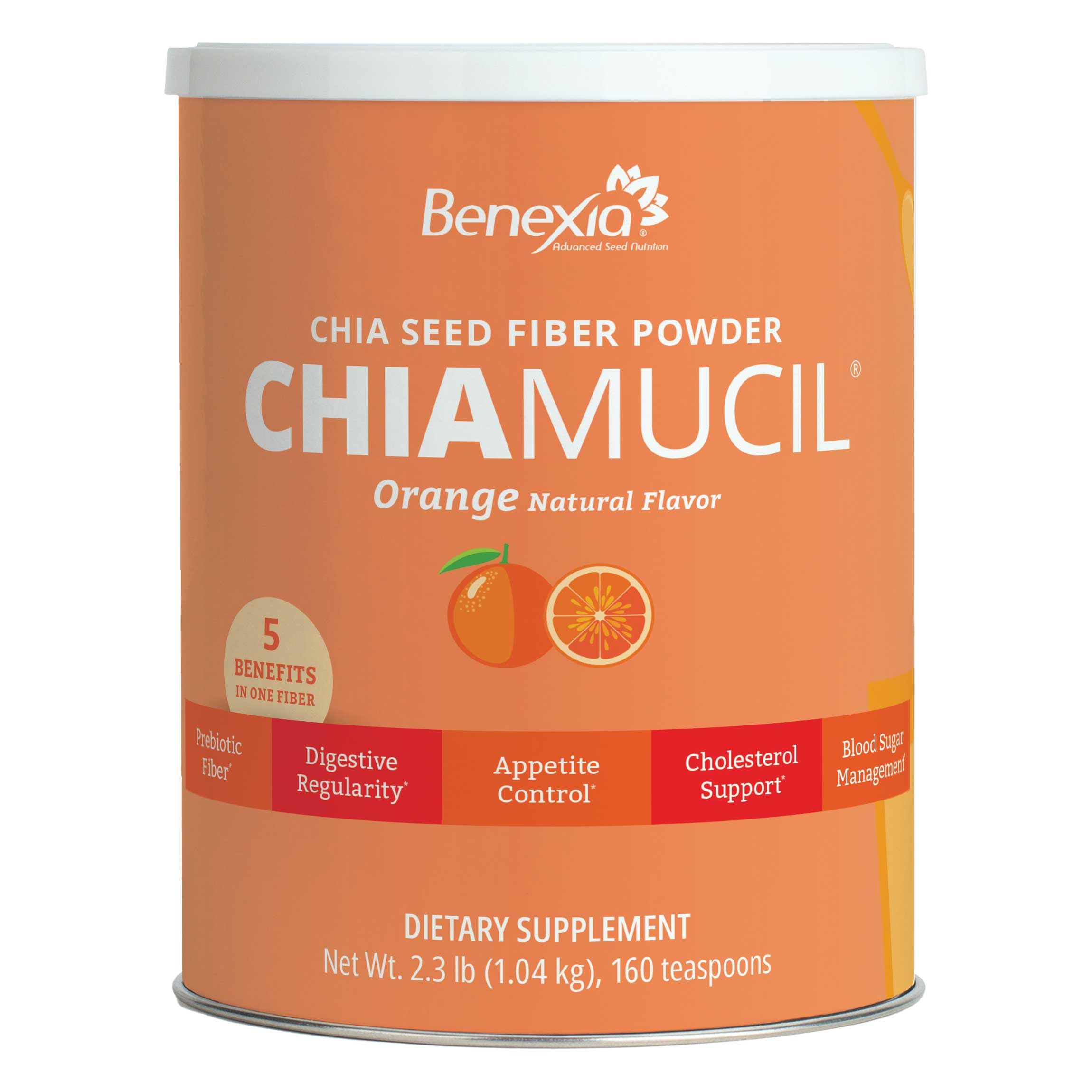 BENEXIA Chiamucil orange pack front shows clean-label prebiotic fiber for digestive health.