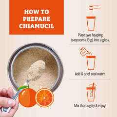 Chiamucil being poured into a smoothie for a fiber boost.