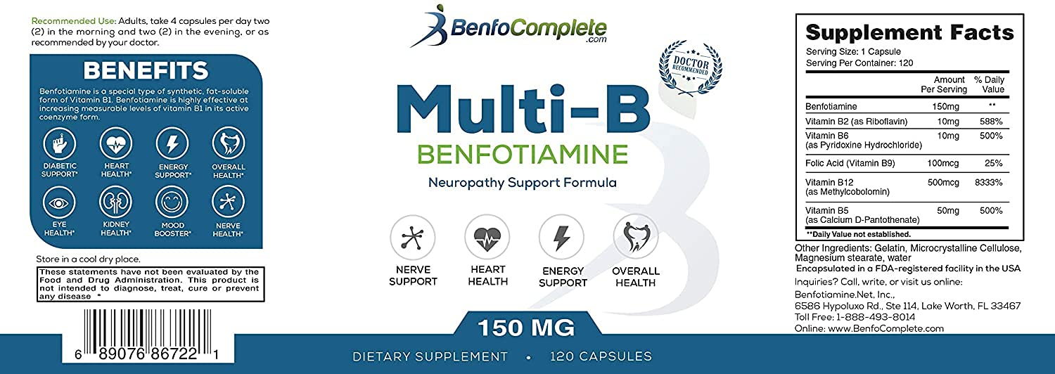 BenfoComplete Benfotiamine Multi-B bottle close-up highlights a 360-capsule supply for long-term use.