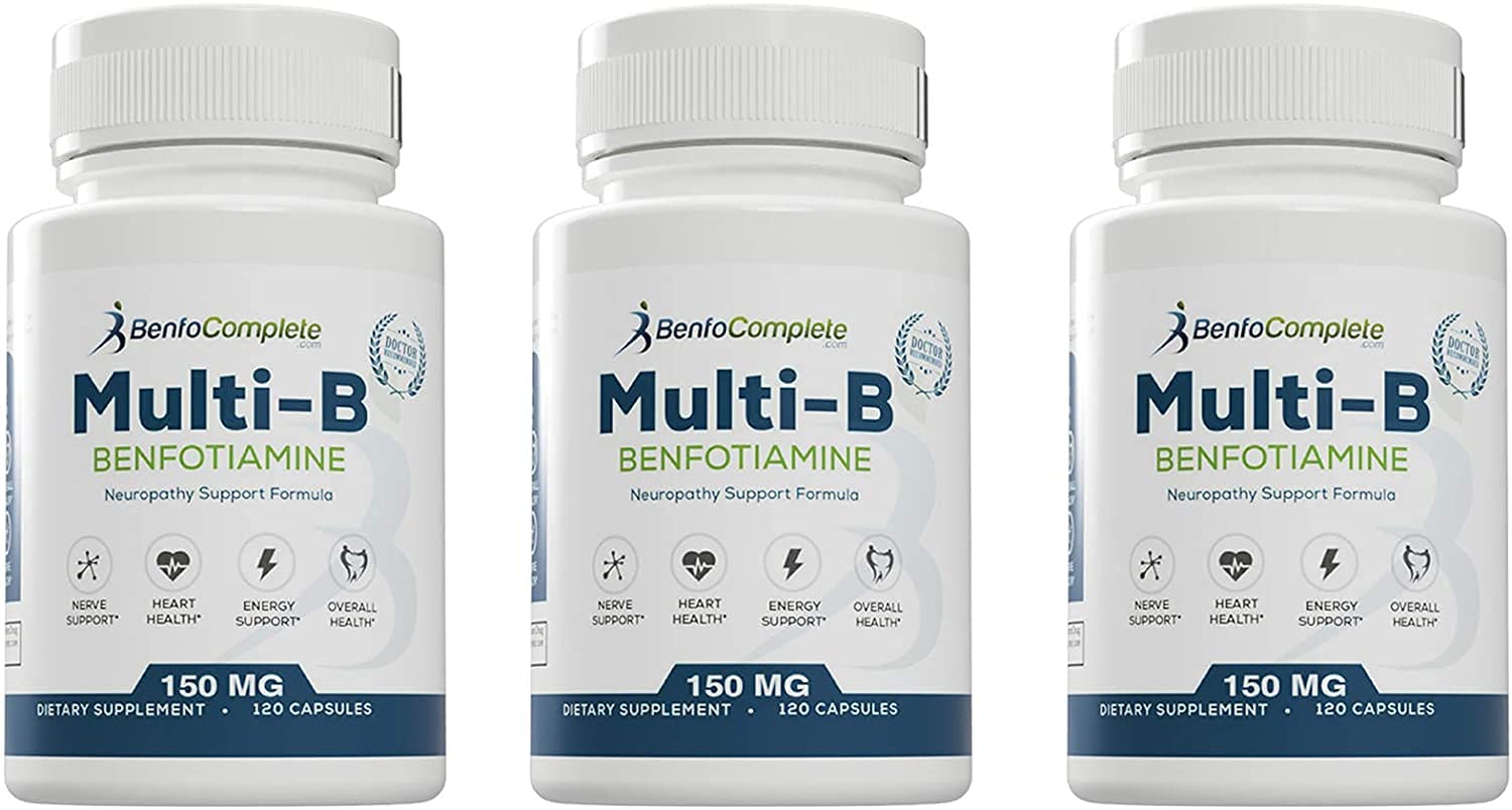 BenfoComplete Benfotiamine Multi-B pack front shows three bottles for neuropathy support.