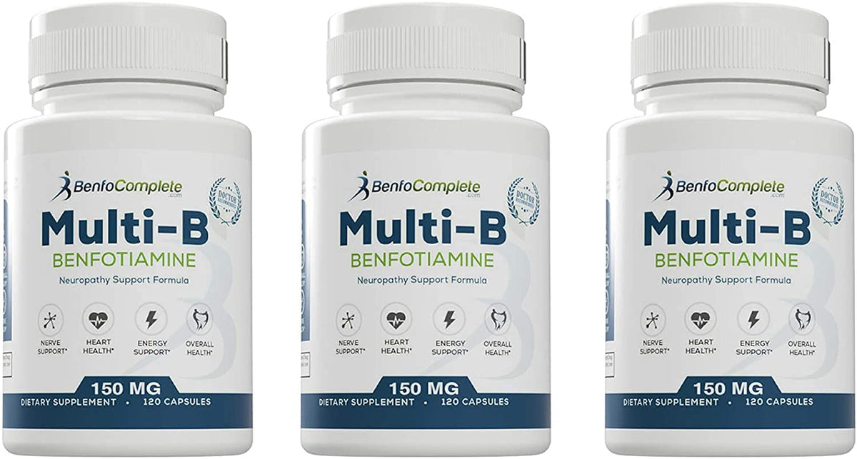 BenfoComplete Benfotiamine Multi-B pack front shows three bottles for neuropathy support.
