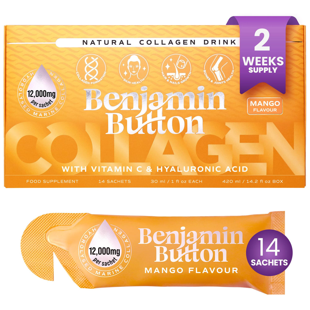 Benjamin Button 12,000mg marine collagen liquid bottle supports daily skin hydration.