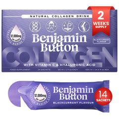 Benjamin Button 12,000mg marine collagen liquid shot bottle for daily collagen support