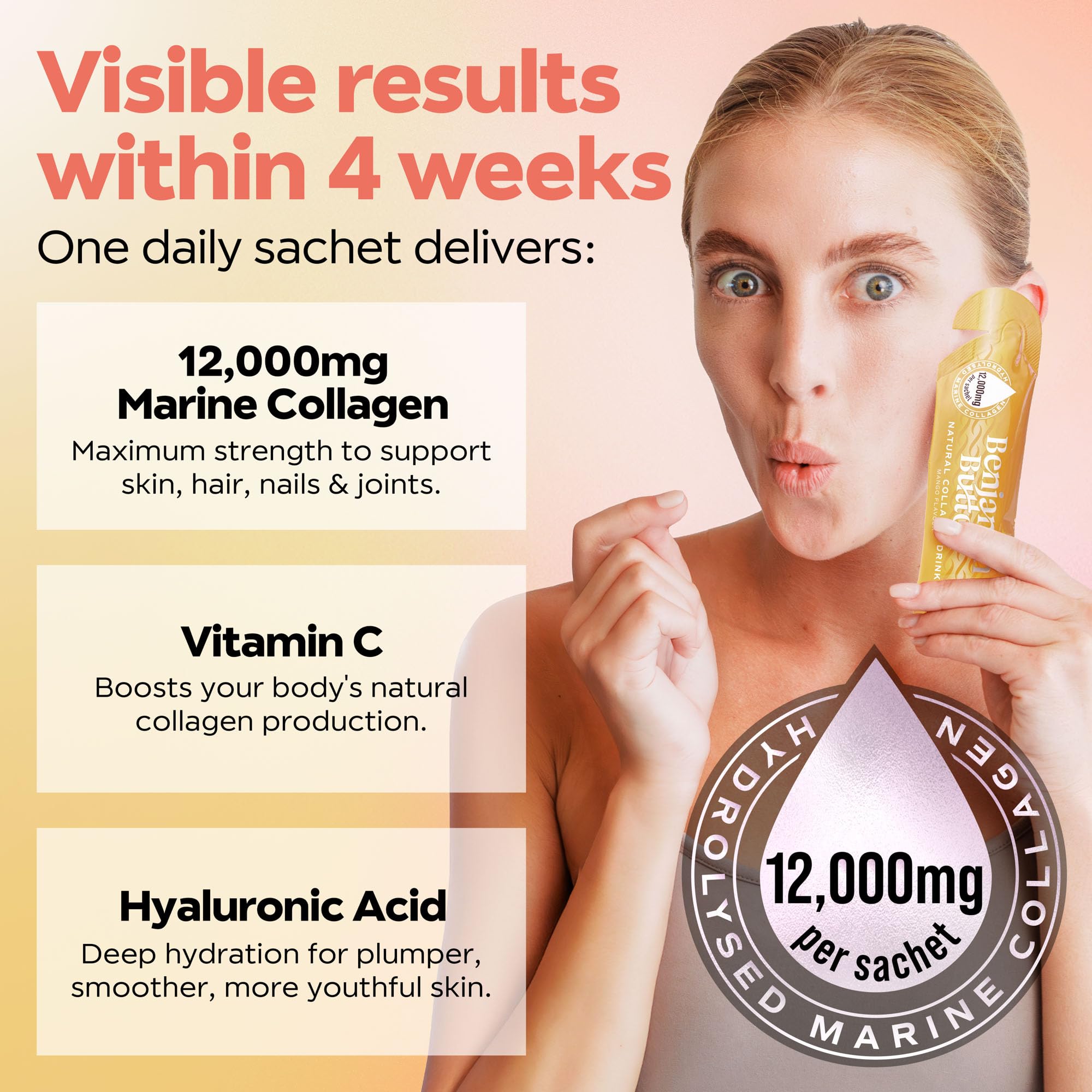 Benjamin Button hyaluronic acid and vitamin C formula highlights skin and hair benefits.