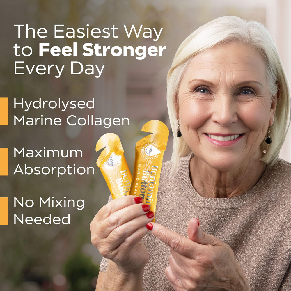Benjamin Button natural mango flavor liquid shot offers a tasty collagen boost.