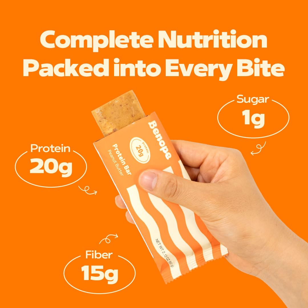 Nutrition label on BENOPE bar highlights balanced protein and low sugar profile.