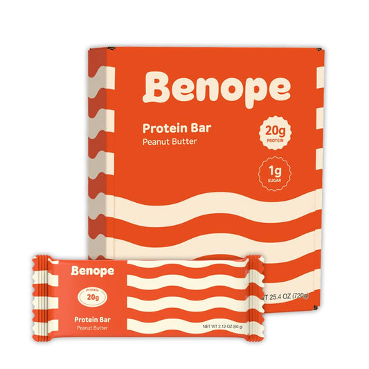 BENOPE protein bar peanut butter packaging showing brand and packaging design is a convenient snack.