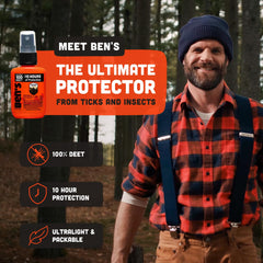 Ben's 100 Tick & Insect Repellent alcohol-free formula shown for skin comfort.