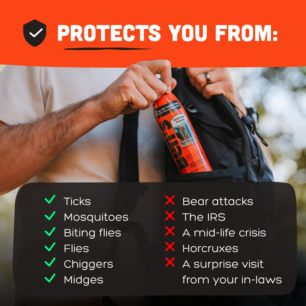 Ben's Adventure Formula in action against ticks and mosquitoes on skin.