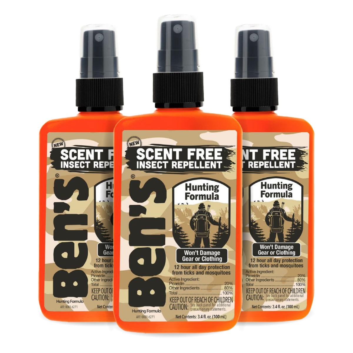 Ben's Hunting Formula bottle front in rugged setting showing reliable outdoor protection.
