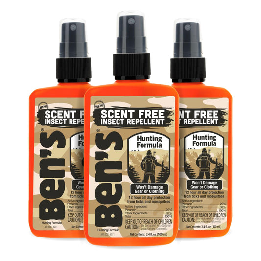 Ben's Hunting Formula bottle front in rugged setting showing reliable outdoor protection.