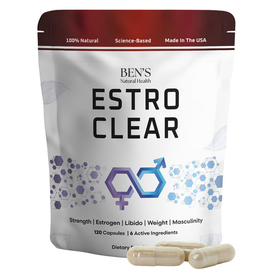 Ben's Natural Health Estro Clear bottle front shows capsules for supporting hormonal balance.