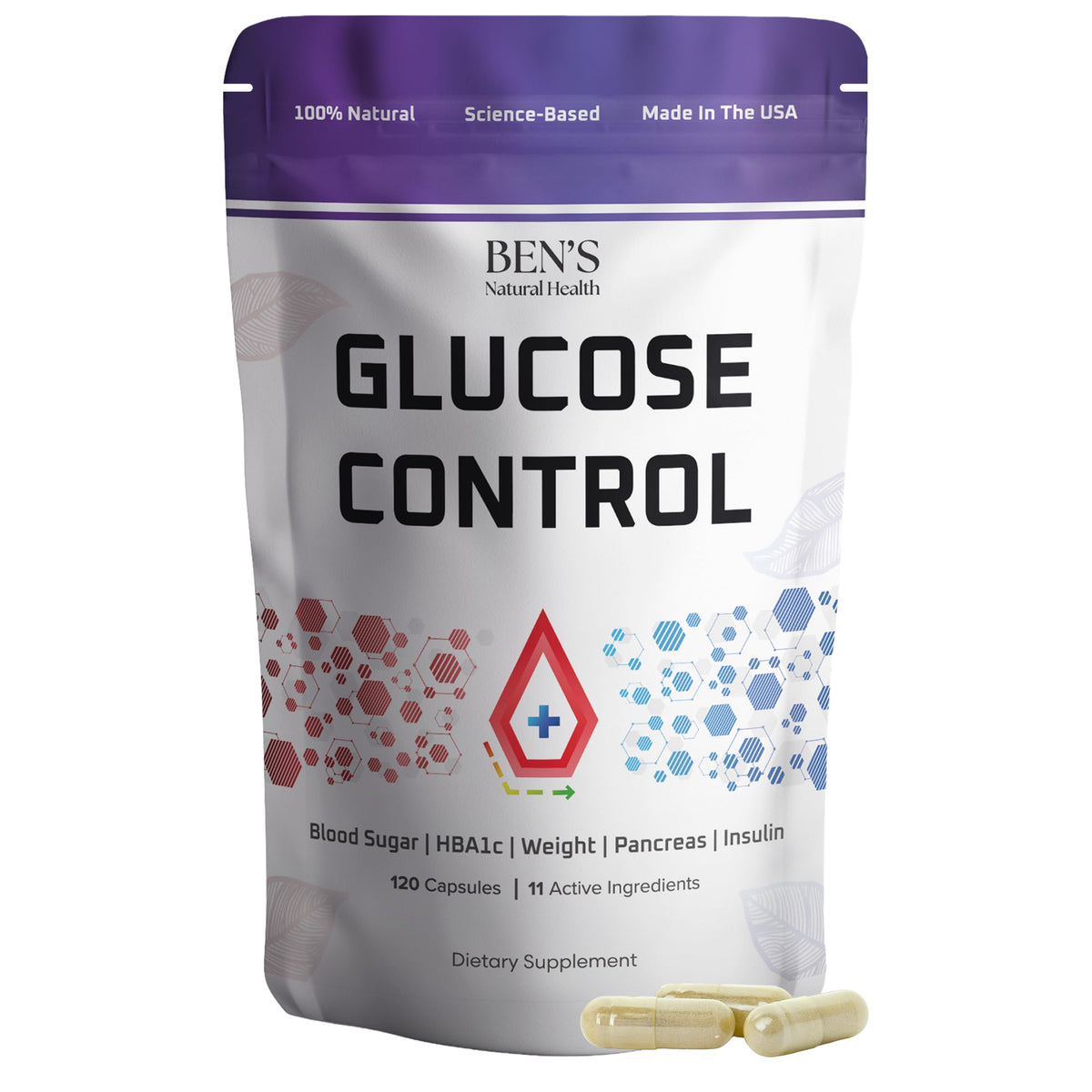 Ben's Natural Health Glucose Control bottle on a kitchen counter for daily metabolic support