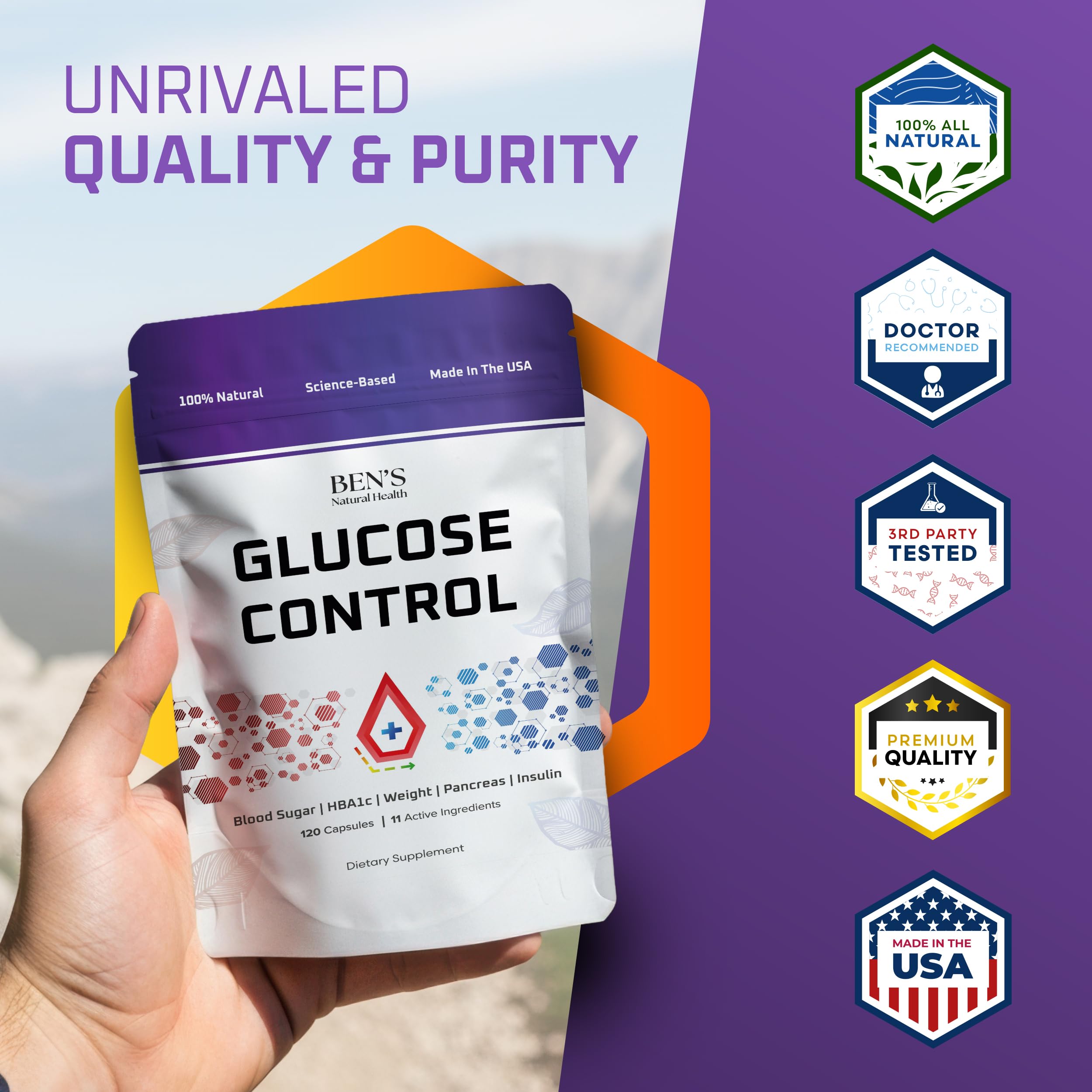 Measuring scoop with Ben's Natural Health Glucose Control capsules for easy dosing