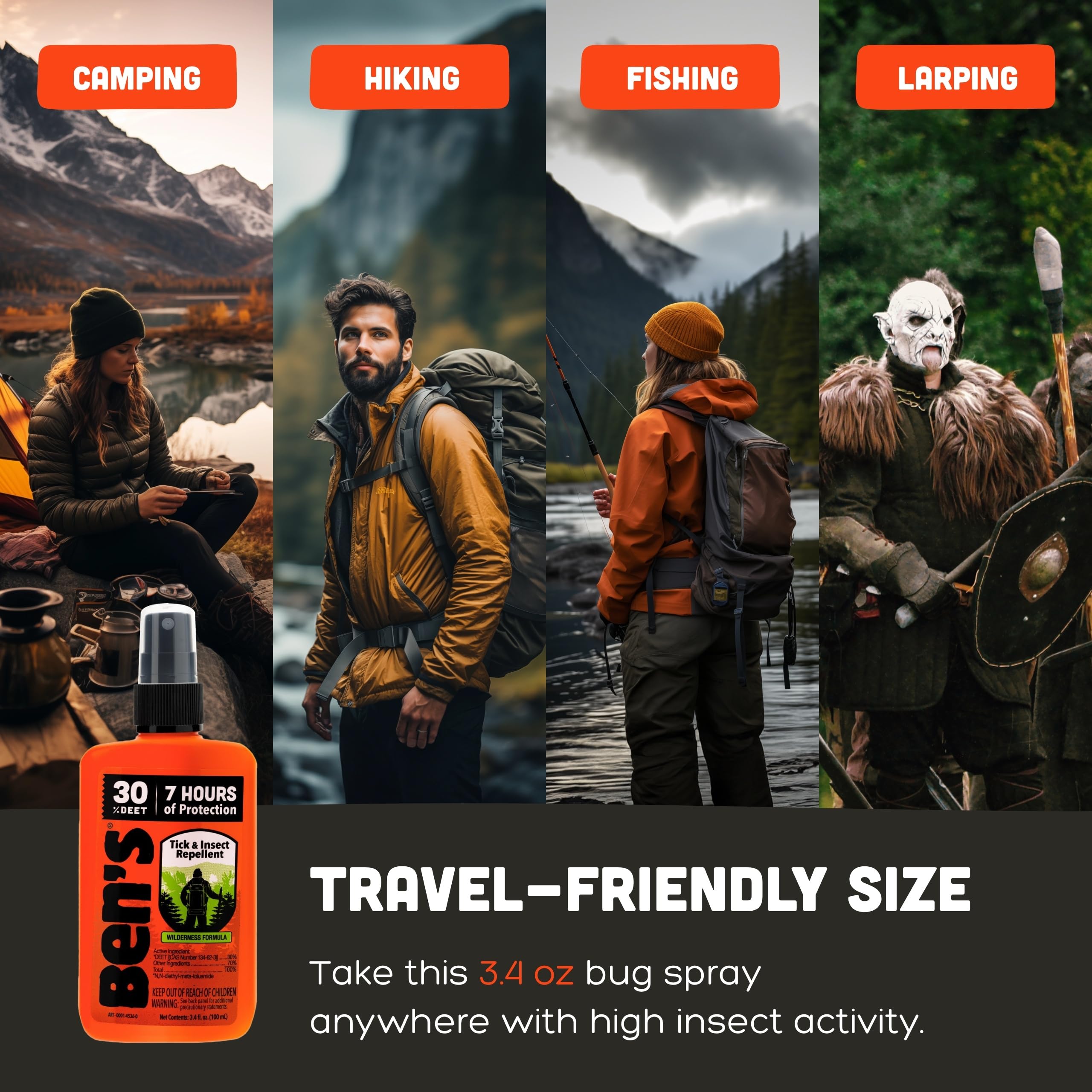 Ben's travel-size repellent attached to gear for expeditions.