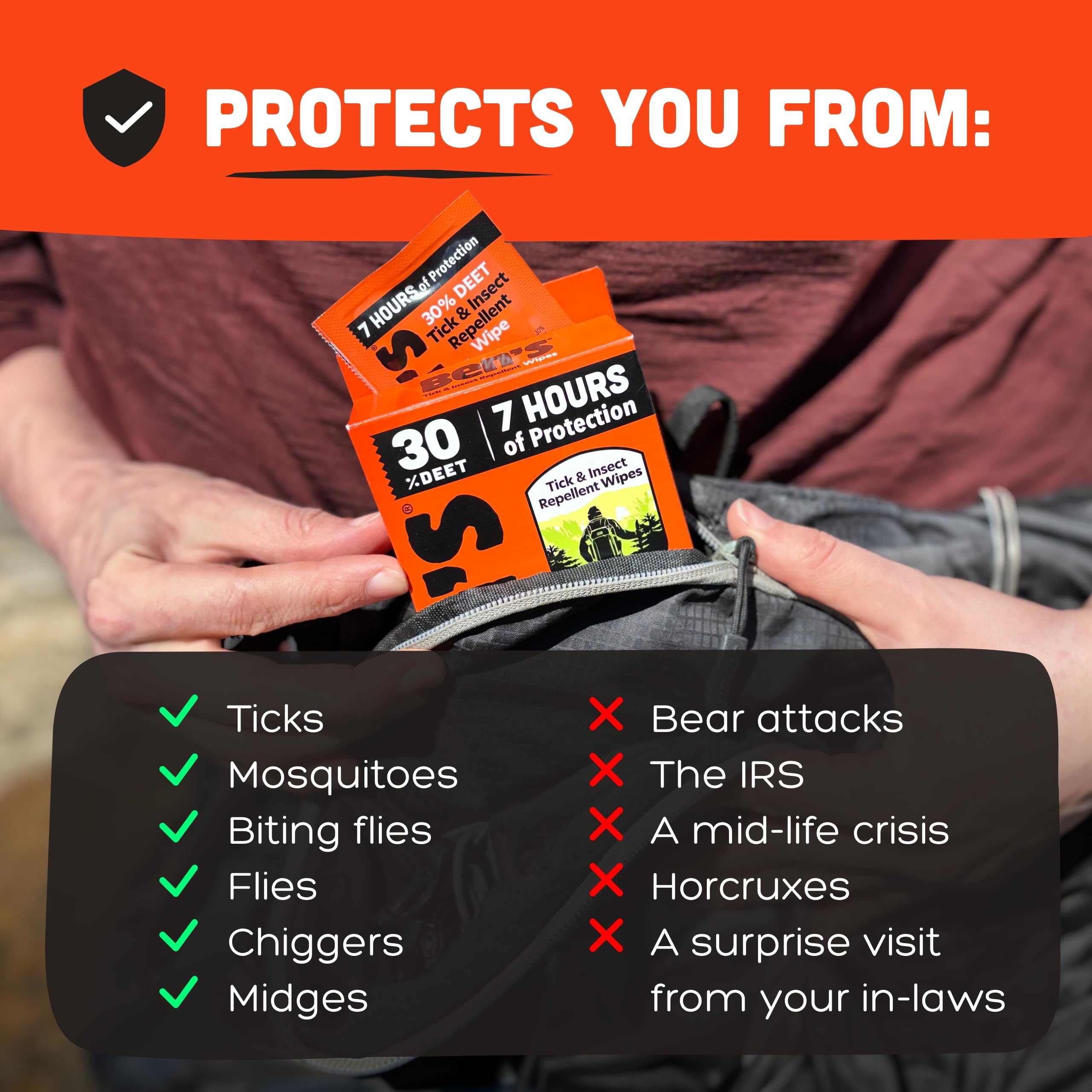 Ben's Tick & Insect Repellent Wipes outdoor scene for rugged field use