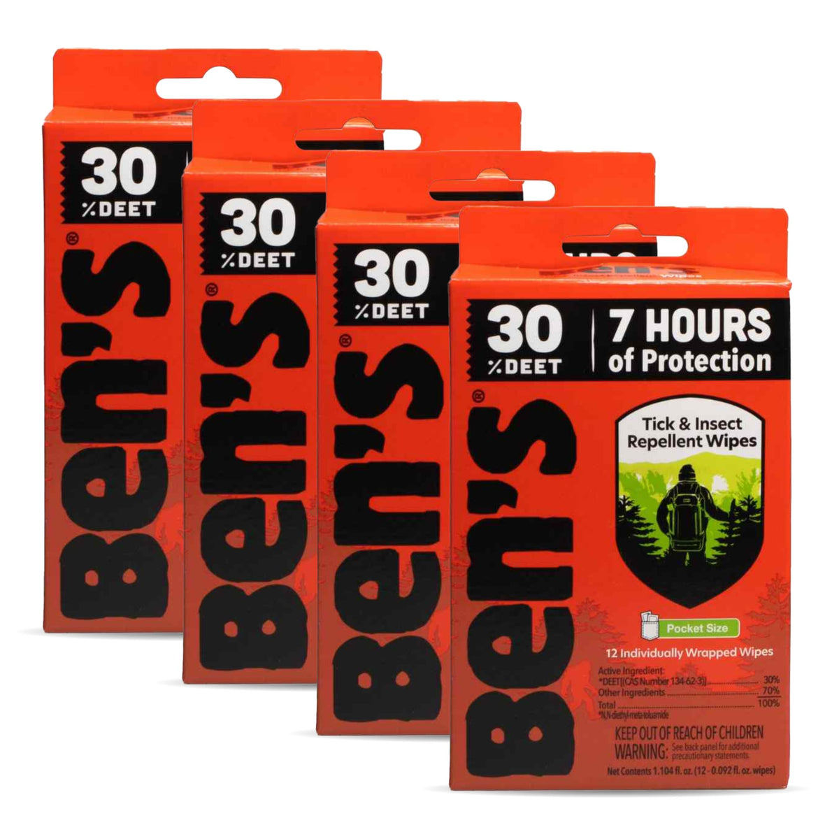 Ben's Tick & Insect Repellent Wipes pack front with up to 7 hours of protection