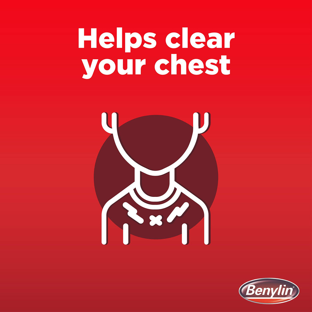 Benylin Chesty Cough pour action illustrating quick dosing.