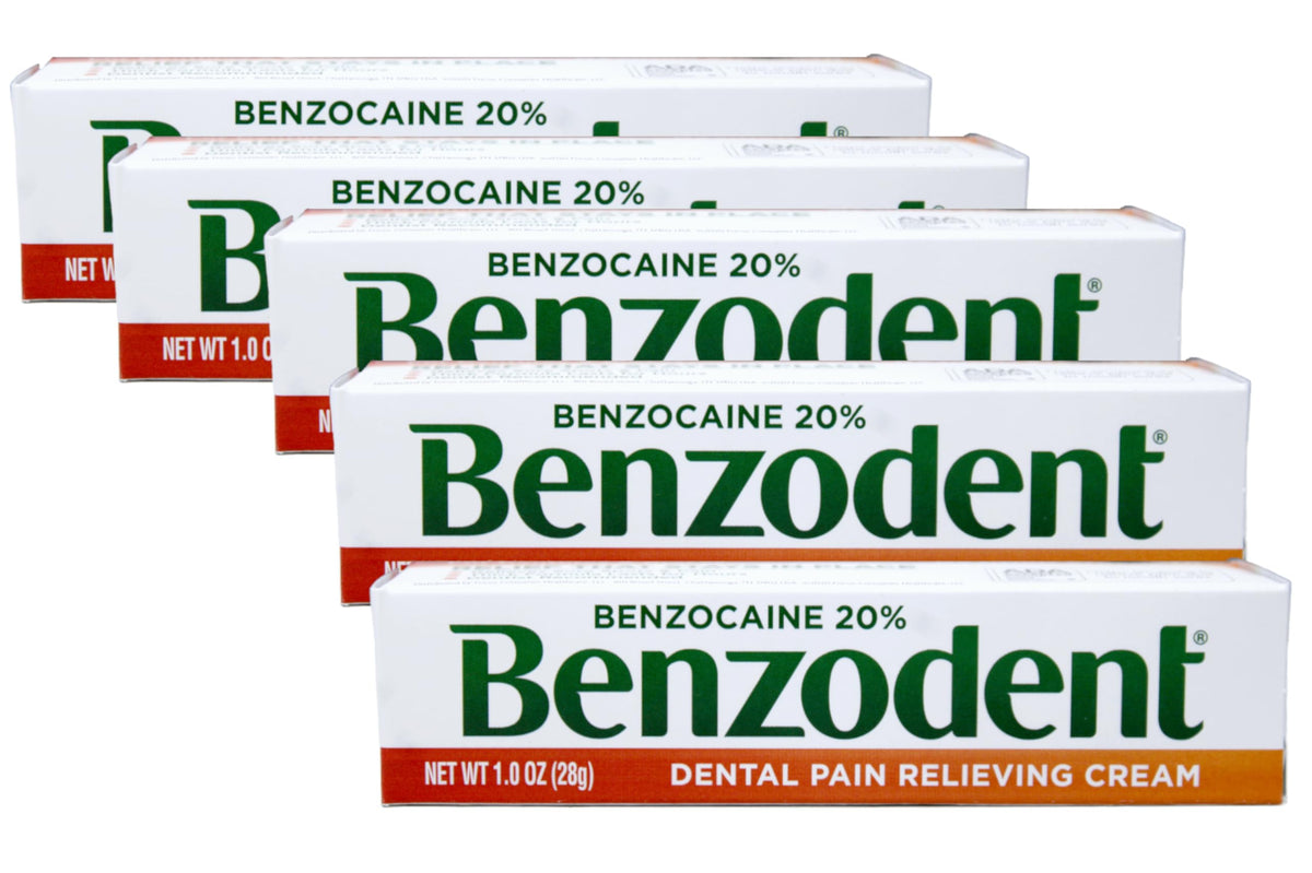 Benzodent dental pain relief cream bottle shows maximum strength 20% benzocaine for sore gums.