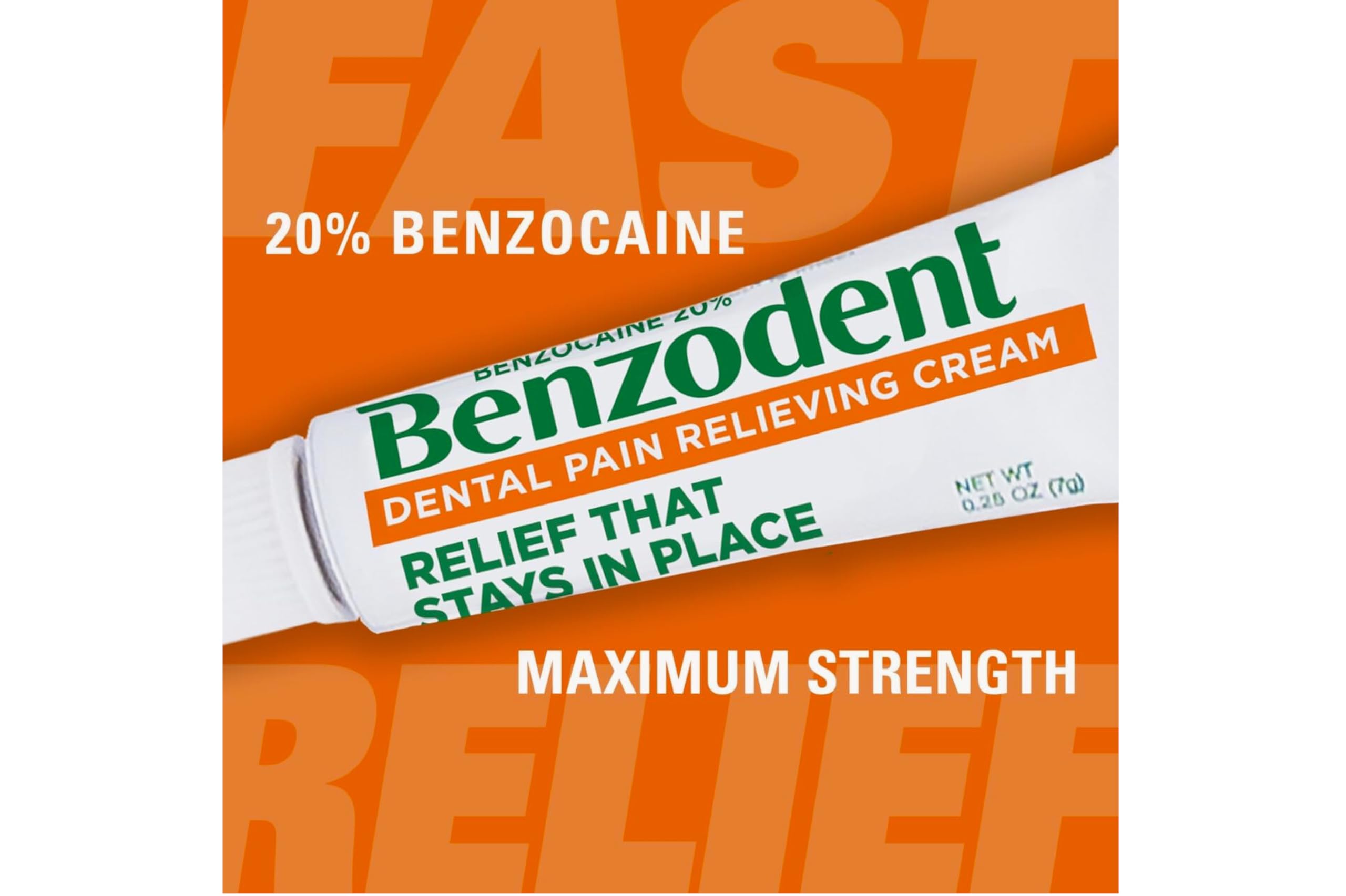 Benzodent long-lasting formula promises hours of comfort.