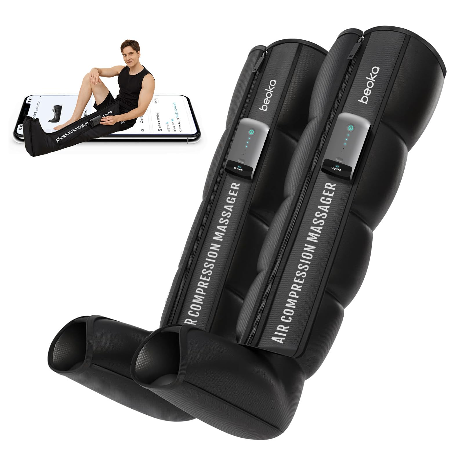 Beoka leg massager shows 360-degree air chambers providing full-leg coverage.