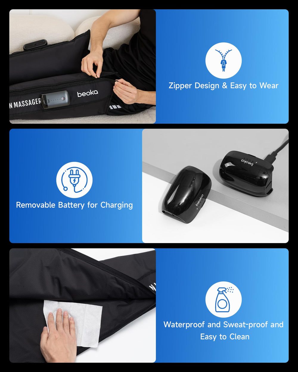 Beoka leg massager with app connection for customized sessions.