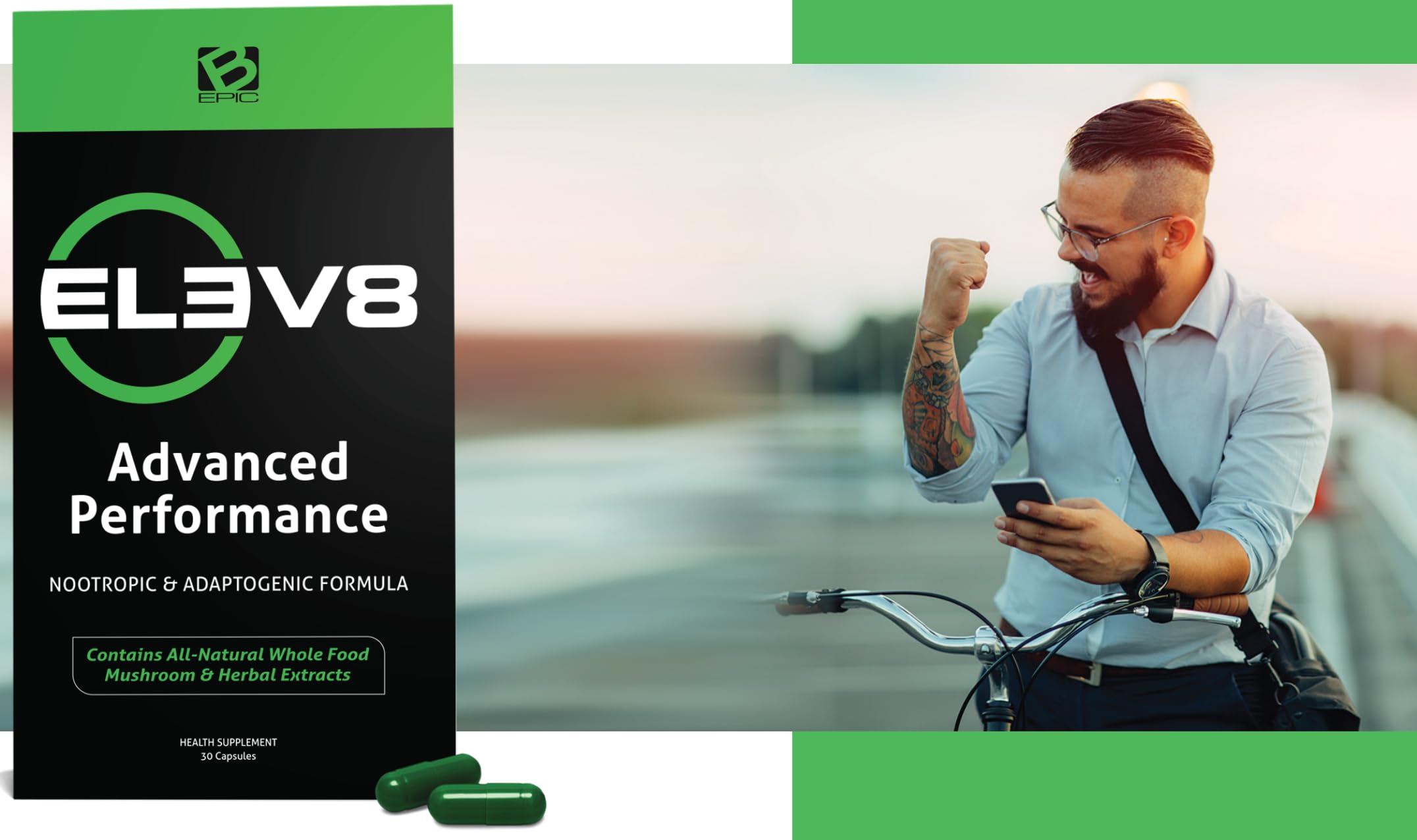 BEpic ELEV8 packaging front close-up, conveying a modern wellness routine and daily performance support.
