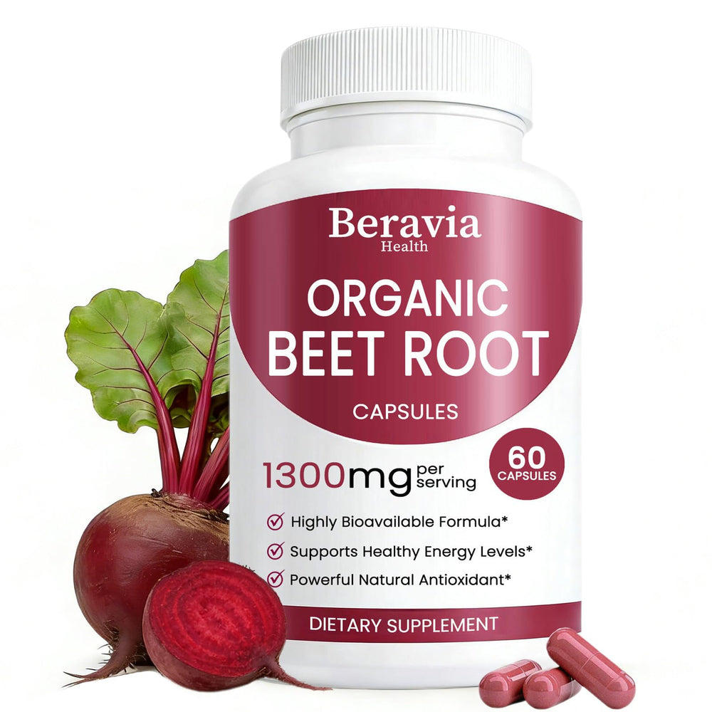 Beravia Health Organic Beet Root Capsules bottle for convenient daily wellness