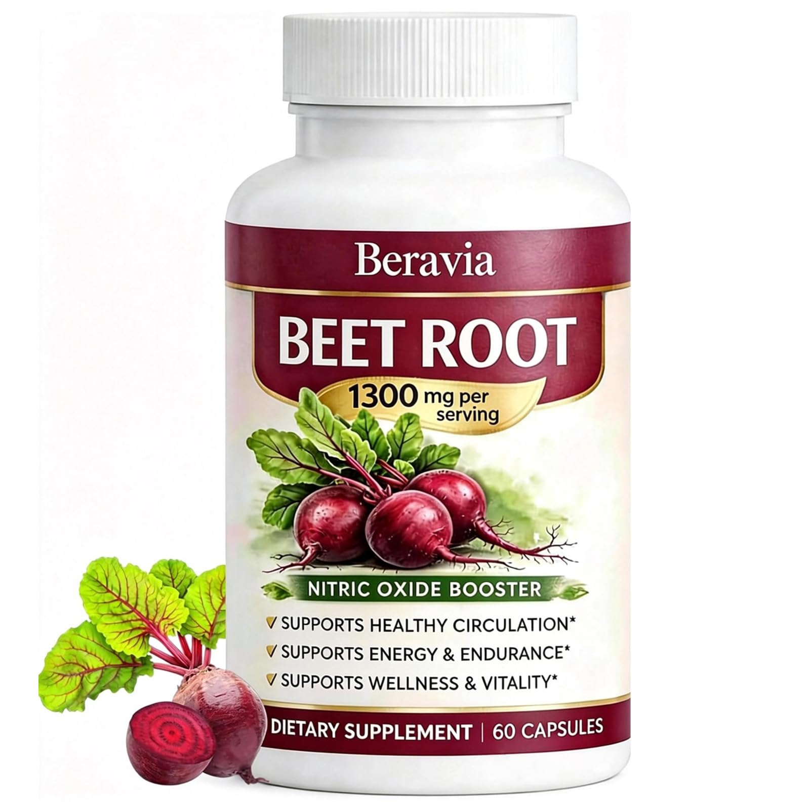 Beravia Organic Beetroot capsules bottle ready for daily energy support.