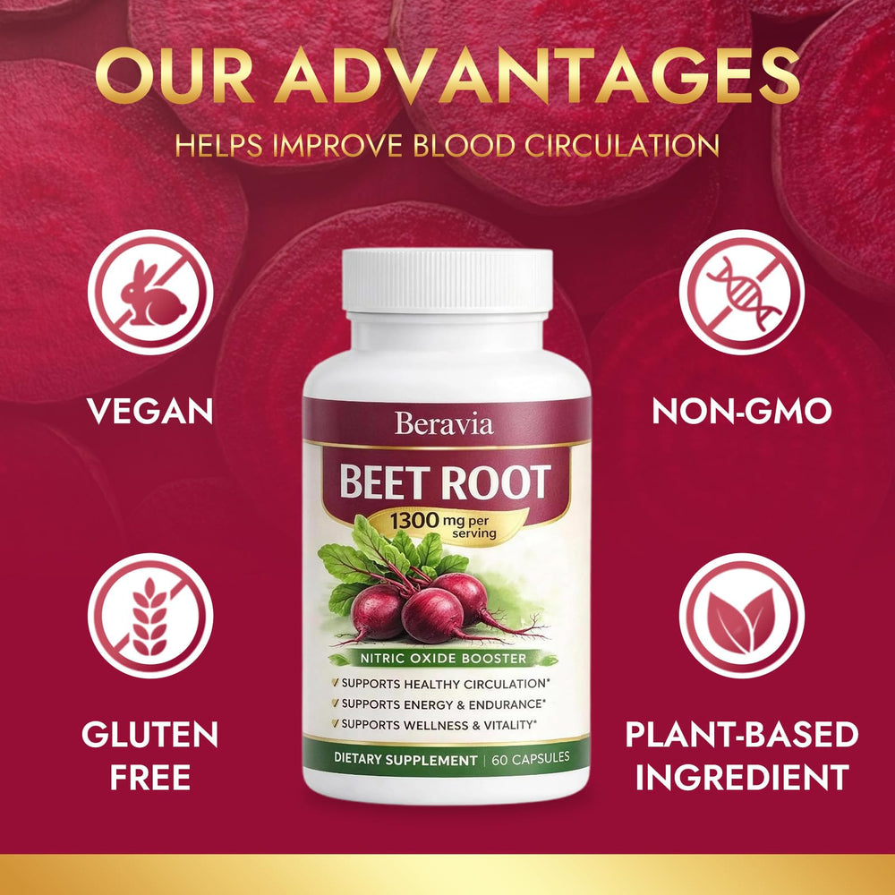 Beravia Organic Beetroot capsules label showing vegan, gluten-free, non-GMO details.