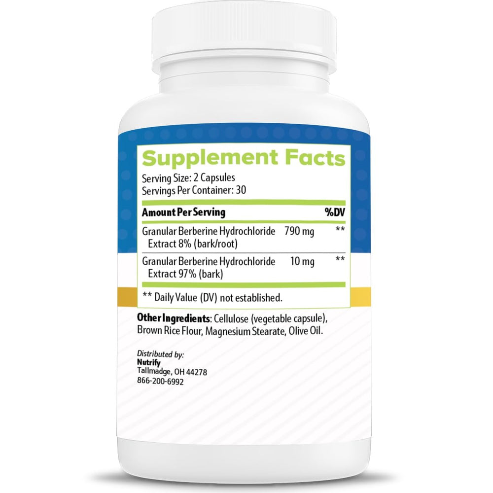 Berbacil Berberine capsules close-up highlighting gluten-free capsules for gut health.
