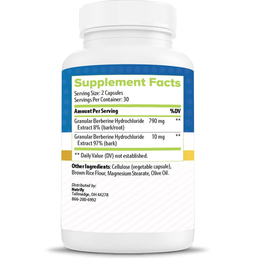 Berbacil Berberine capsules close-up highlighting gluten-free capsules for gut health.