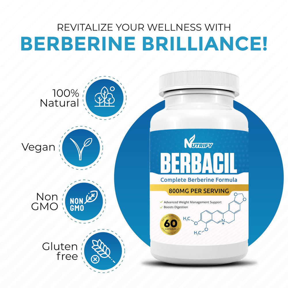 Berbacil Berberine packaging box displaying 800mg per capsule and versatility.