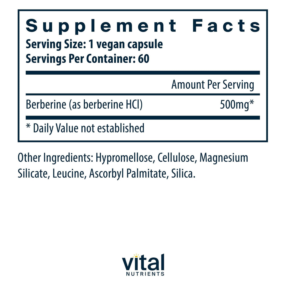 Berberine bottle with label from Vital Nutrients highlights vegan, clean-label formula
