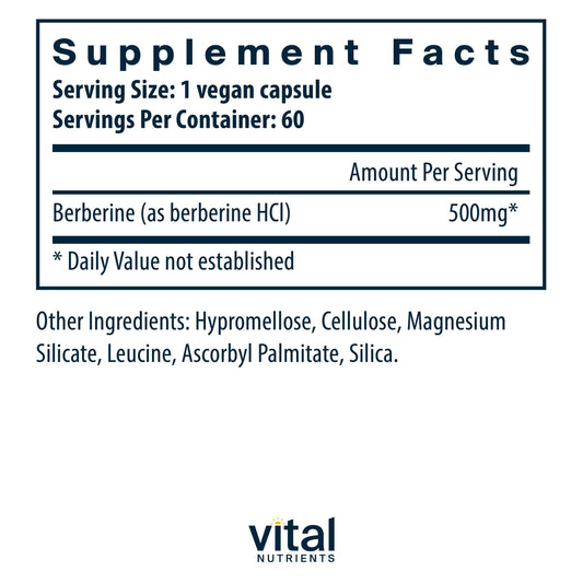 Berberine bottle with label from Vital Nutrients highlights vegan, clean-label formula