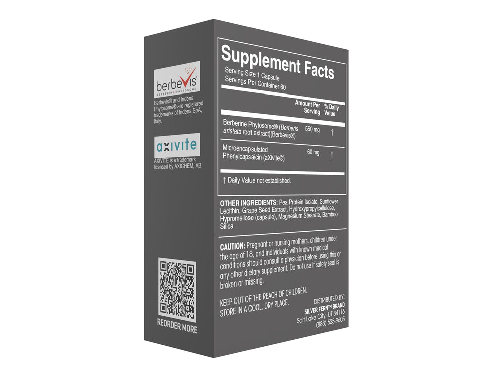 Close-up of berberine phytosome capsules from Silver Fern Metabolism