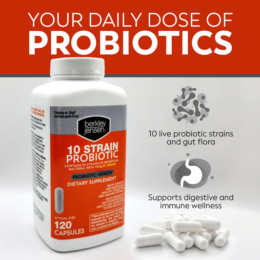 Berkley Jensen probiotic bottle back label close-up with strain information