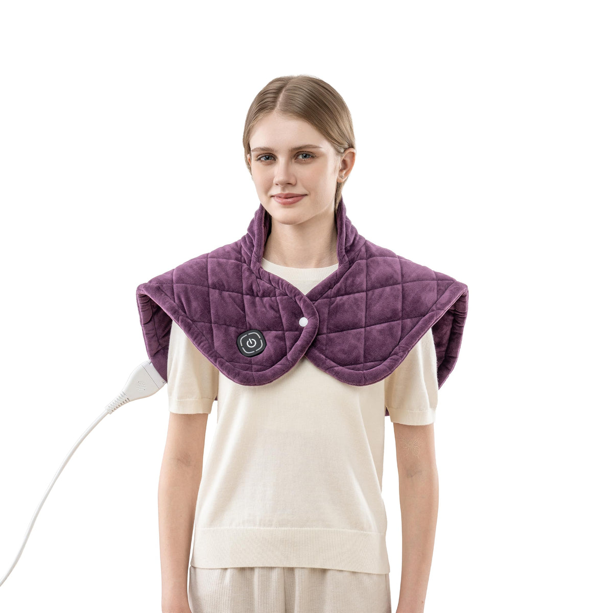 Berkshire Blanket weighted heating pad on neck and shoulders for soothing warmth