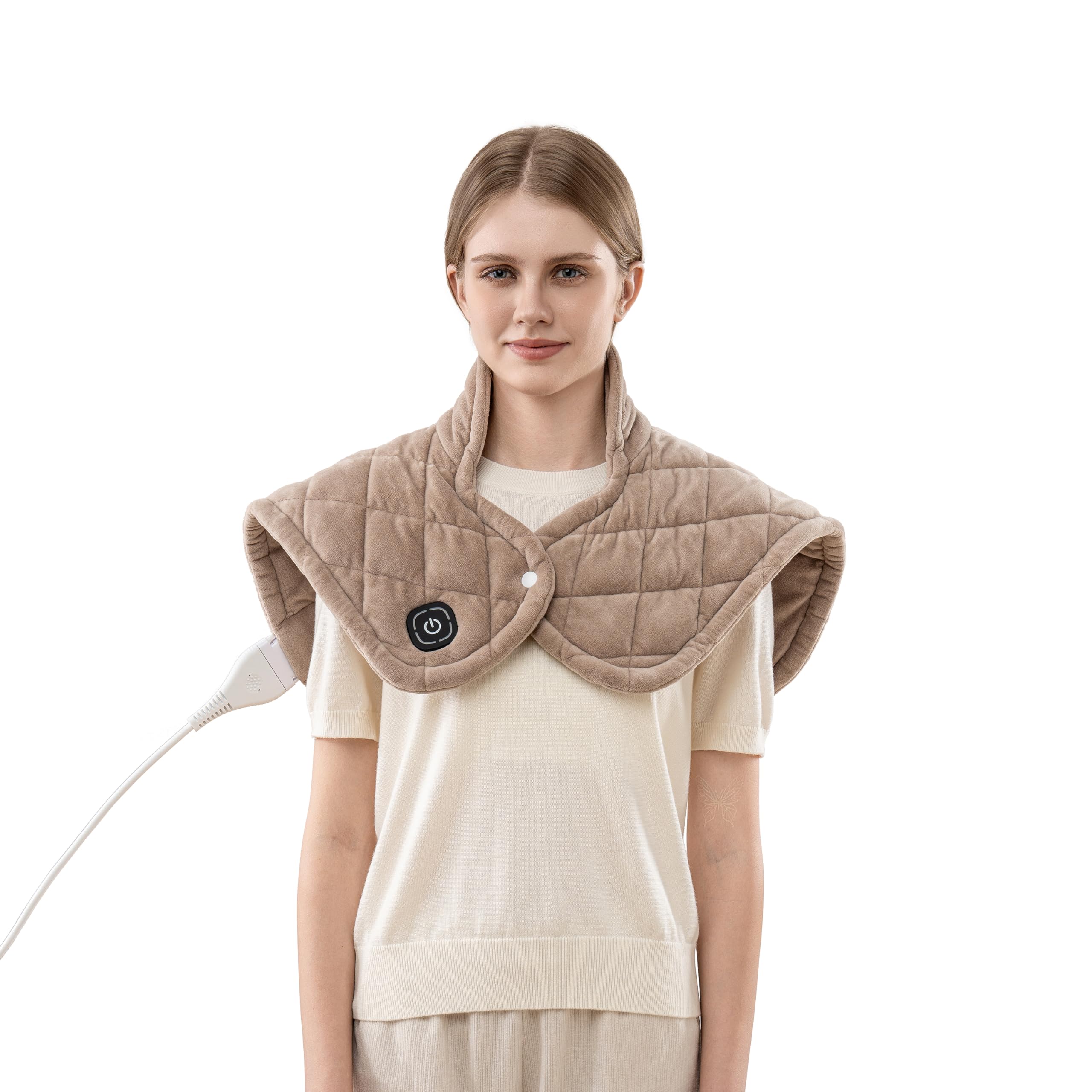 Berkshire Blanket weighted heating pad on neck and shoulders delivering targeted warmth