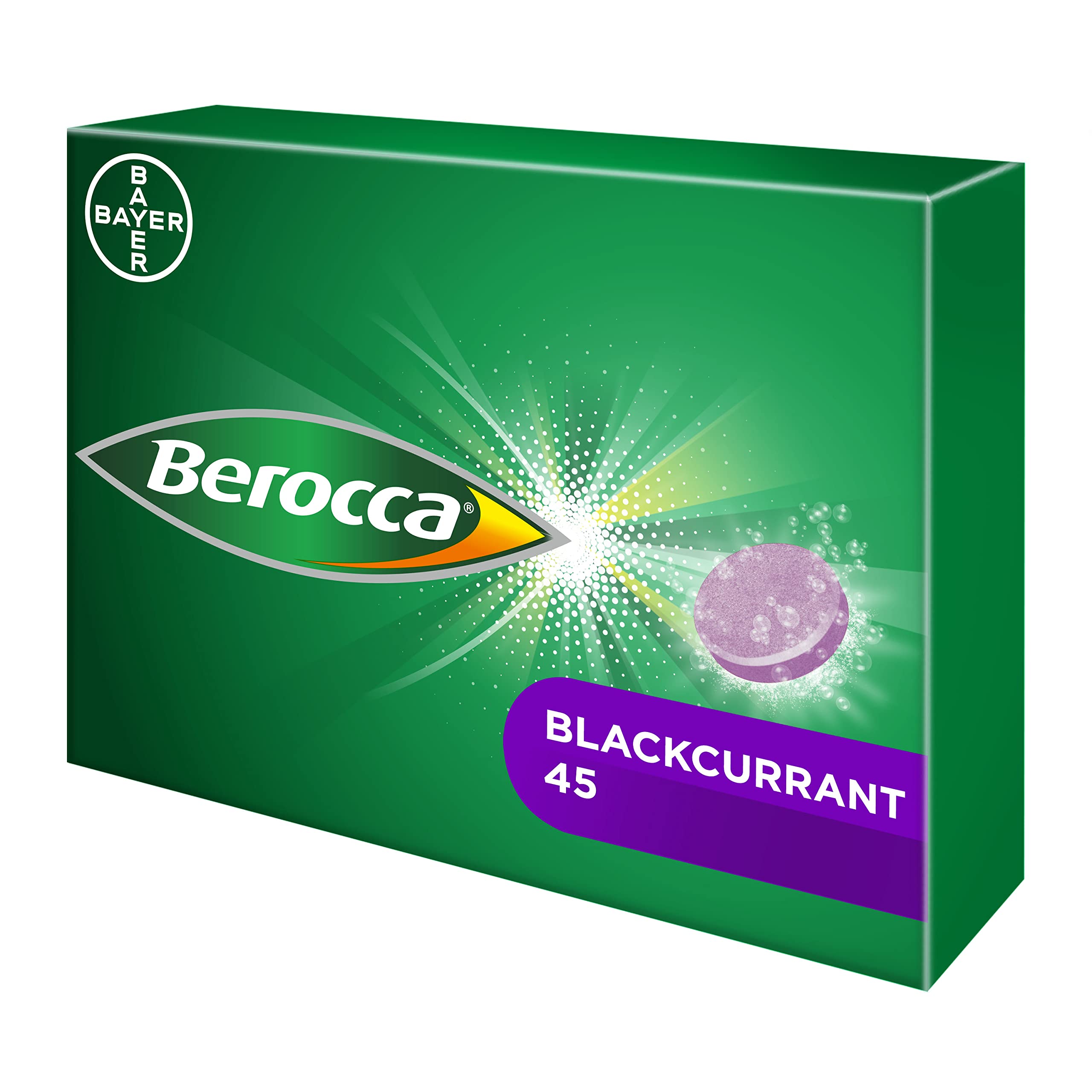 Berocca 45-tablet pack displayed on kitchen counter for busy mornings
