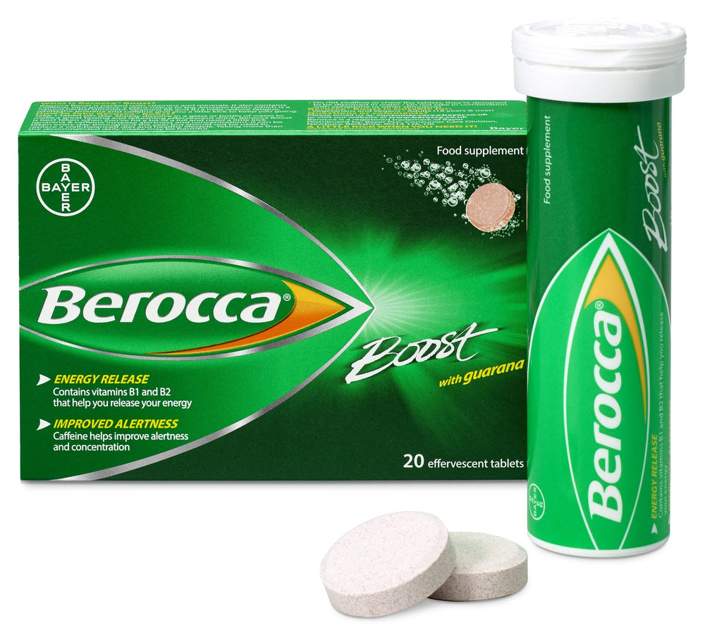 Berocca Boost ingredient icons hint at vitamins and minerals.