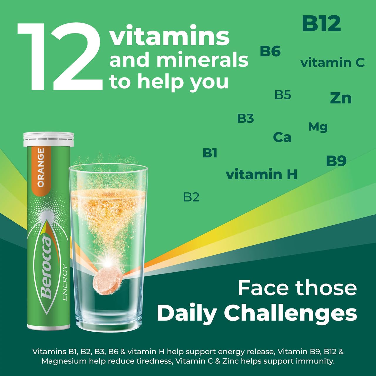 Berocca Energy orange tablet beside a glass, ideal for a quick daily ritual.