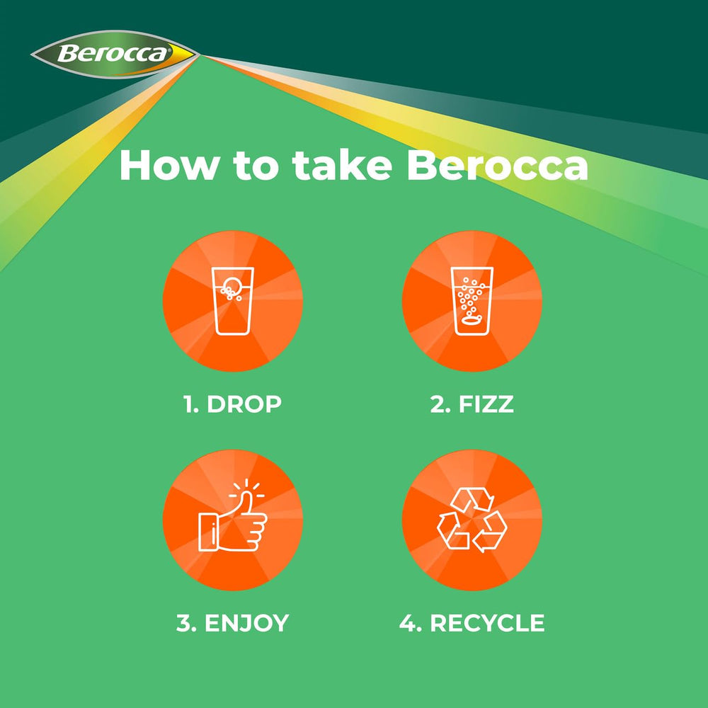 Berocca orange tablet fizzing in water, ready to sip.