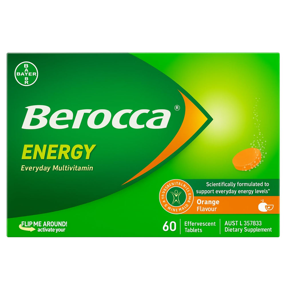 Berocca Energy orange tablet in a glass dissolving for a refreshing daily boost.