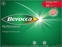 Berocca Performance Original berry tablets dissolving for a quick energy and focus boost.