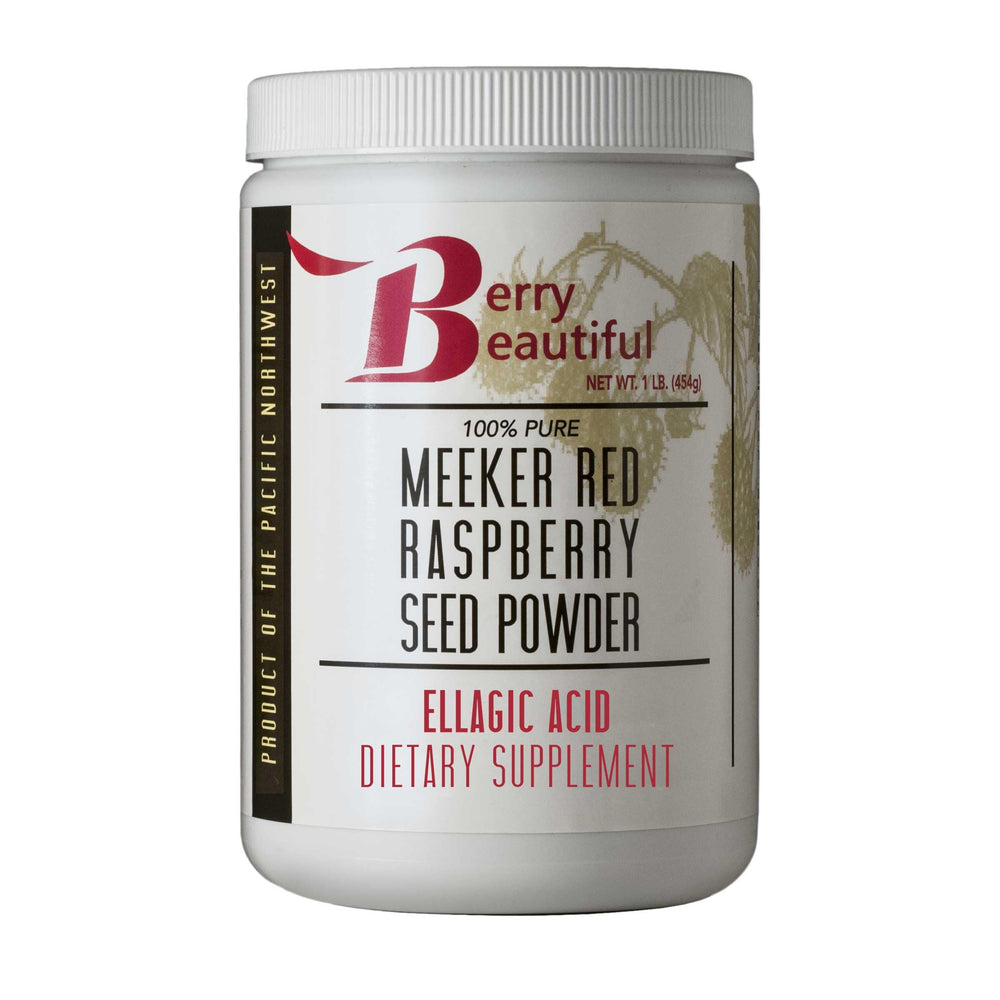 Berry Beautiful Meeker red raspberry seed powder bottle with fiber-rich powder