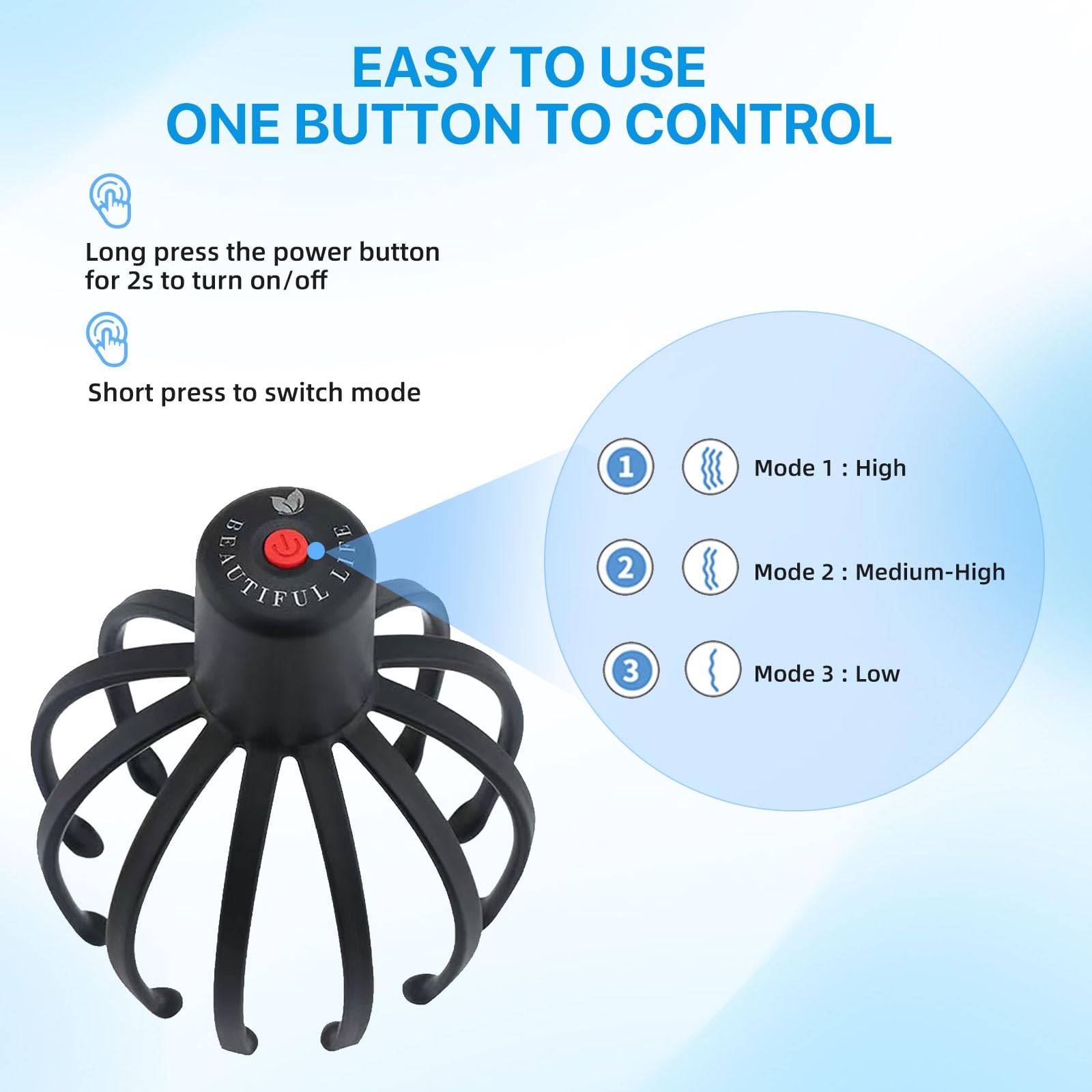 BERVASTO head massager uses rechargeable battery for on-the-go relief.