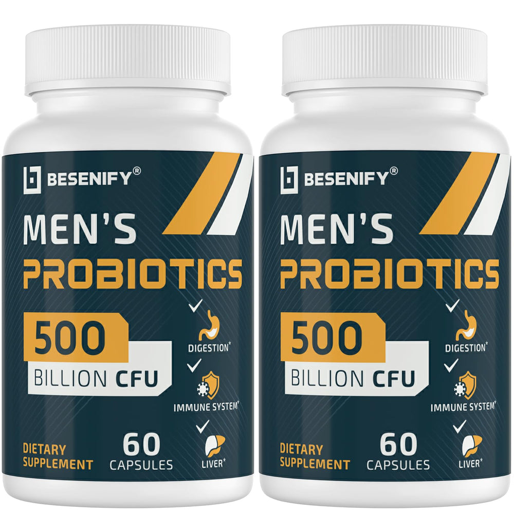 Besenify Probiotics for Men bottle with 60 capsules for gut health on the go.